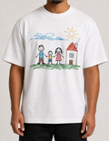 White organic cotton t-shirt embroidered with a child's family drawing