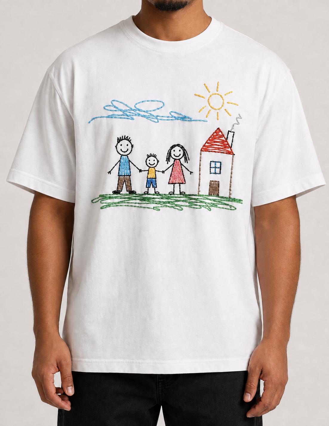 White organic cotton t-shirt embroidered with a child's family drawing