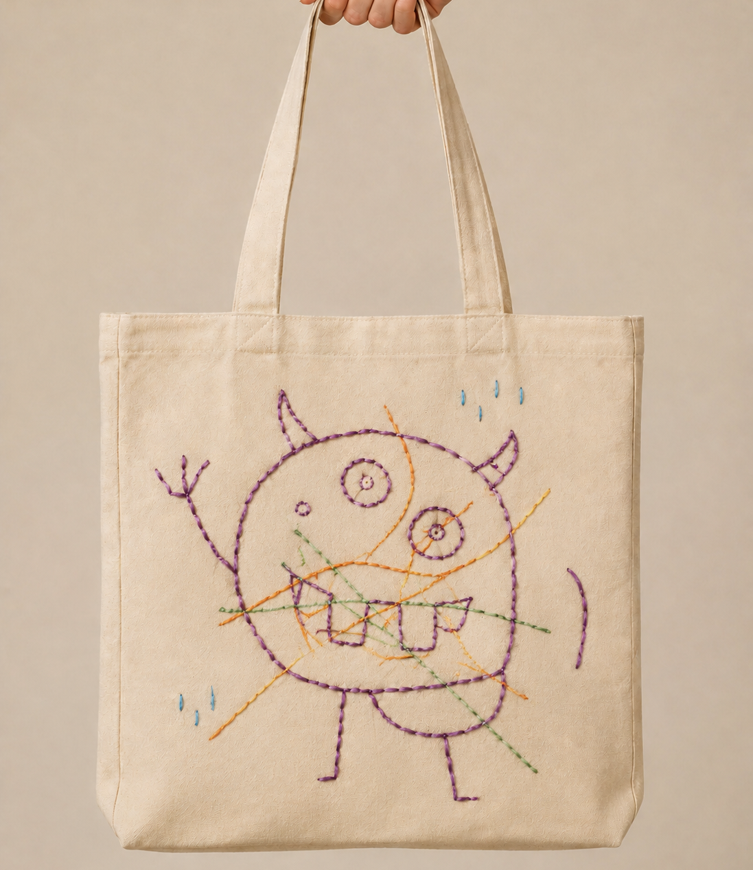Canvas tote embroidered with a child's monster drawing