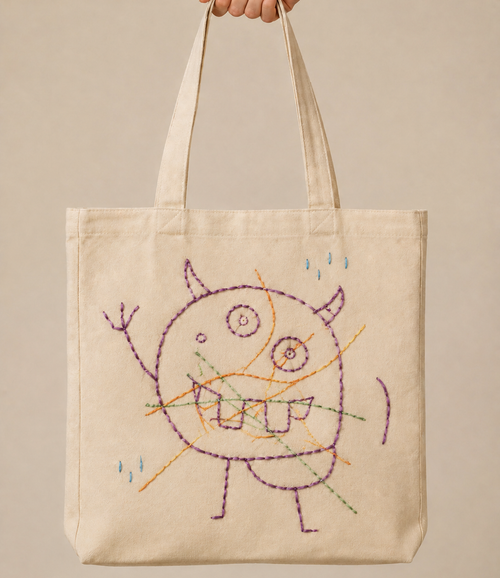 Canvas tote embroidered with a child's monster drawing